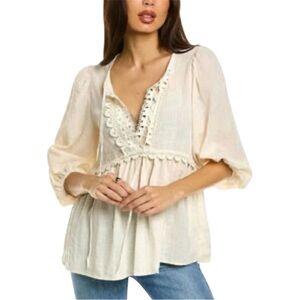 Max Studio Boho Crochet Accented Keyhole Empire waist Blouse